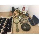 Contents to box twenty five plus items including bronze owl paperweight 10cm diameter,