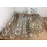 Contents to tray - forty plus items of glassware including whiskey decanter,