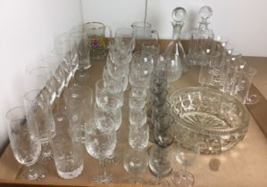 Contents to tray - forty plus items of glassware including whiskey decanter,