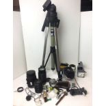 Box containing ten plus photography items including Hanimex Automatic Zoom lens 80-200mm,