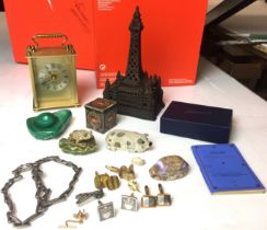 Red box containing fifteen items including cast iron money-box model of Blackpool Tower 19cm high,
