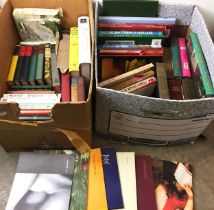 Two boxes containing fifty plus books including Yorkshire, three Wainwright Sketchbooks, fiction,