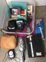 Plastic box containing seven items including Quartz cine camera with case,