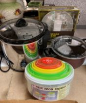 Four items including 7 piece food storage containers, oil/vinegar drizzler set,