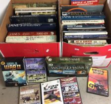 Two boxes containing twenty-eight books and seven DVDs/DVD sets on aircraft,