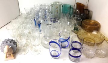 Fifty three items of glassware including brown seven piece fruit set, four water jugs,