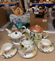 Five assorted teapots including Art Deco style Brian Wood teapot and Novelty teapots together with