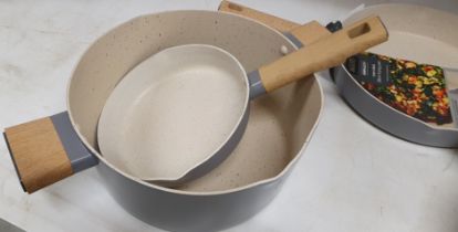 Four Simplicity Grey pans - 2 x large skillets, 1 x pourer frying pan,