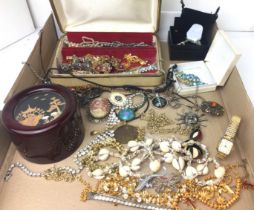 Box containing costume jewellery and Sekonda 4592 gold plated wrist watch, silver filigree bracelet,