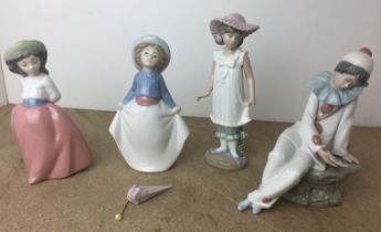 Box containing four Lladro and Nao figurines - three girls and Pierrot "Love Letter" (saleroom