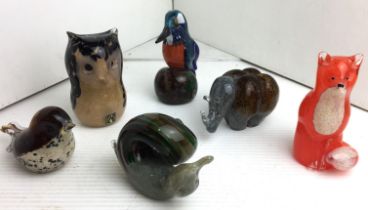 Six Langham glass animals and birds including kingfisher,