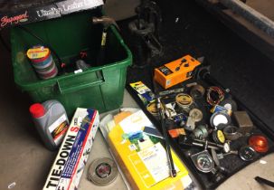Rav4 car boot-saver tray and green plastic box containing cast iron water pump top,