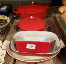 Tefal red casserole pot with lid and four other kitchen dishes and pots in red (saleroom location: