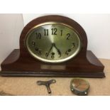 Two clocks - wooden framed mantel clock 39 x 22cm high with plaque presented to Willie France 1931