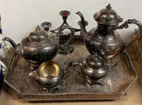 Four-piece Oneida tea service, silver-plated serving tray, three-stem candle stick holder,