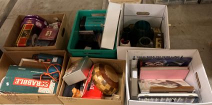 Contents to six boxes - assorted glass vases, treen bowl, games, tins, books, Black & Decker drill,