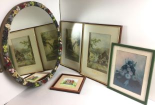 Box containing five items - circular flower framed mirror 49cm diameter,