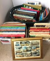 Seventy books on commercial motor vehicles mostly buses and a framed print of buses in green