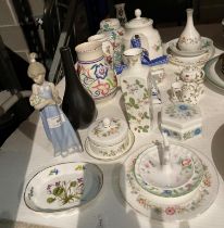 Twenty-two items - Lladro figurine, Poole pottery vase, Wedgwood, Botanic garden and other teapots,