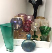 Contents to tray - sixteen pieces of coloured glassware including oval flask 15cm high,