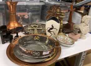 Contents to end of rack - pair of brass candlesticks, copper trays and jugs, two busts,