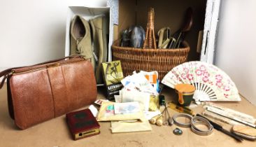 Box containing twenty five plus items including basket, four pairs of shoe trees,