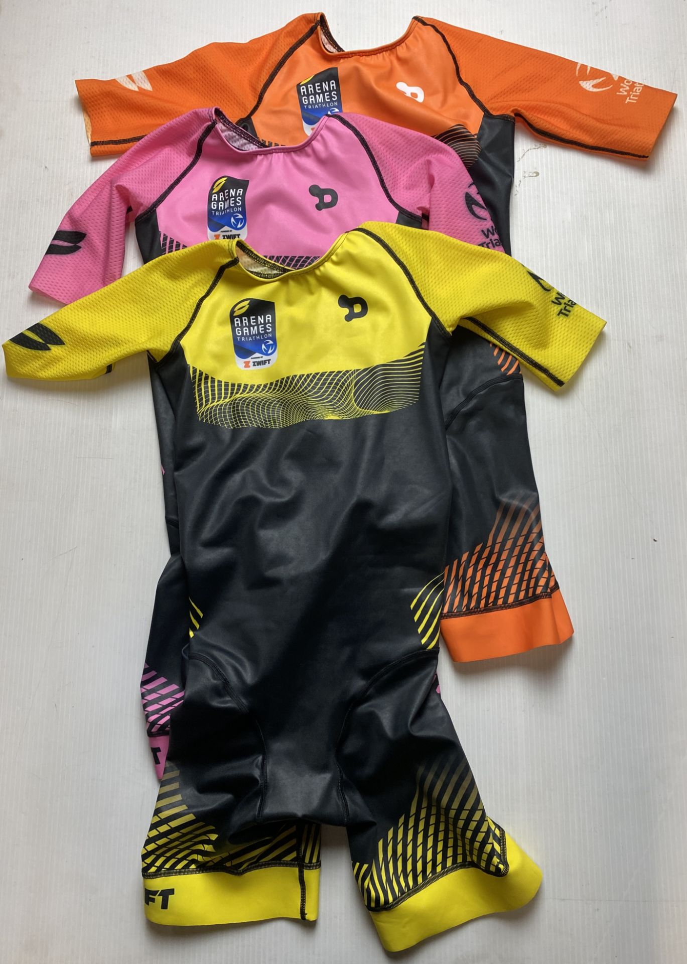3 x Dryworld Arena Games Triathlon Elite Women's Race Suits - Black/Yellow, Black/Pink,