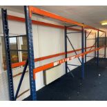 8 BAYS OF BLUE/ORANGE RACKING COMPRISING OF 9X UPRIGHT AND 25 BEAMS APPROXIMATELY 288 CM X 90CM X
