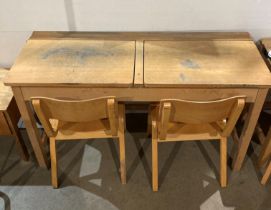 Twin wooden lift-top school desk (121 x 46 x 71cm high) and two wooden school chairs (68cm to top