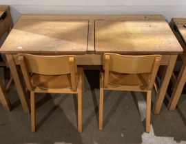 Twin wooden lift-top school desk (106 x 46 x 65cm high) with two wooden school chairs (65cm to top