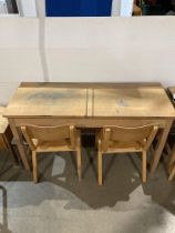 Twin wooden lift-top school desk (121 x 46 x 71cm high) and two wooden school chairs (68cm to top