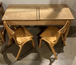 Twin wooden lift-top school desk (105 x 46 x 60cm high) with 2 x wooden school chairs (58cm to top