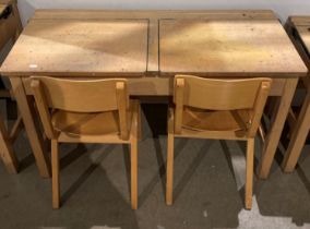 Twin wooden lift-top school desk (106 x 46 x 65cm high) with two wooden school chairs (65cm to top