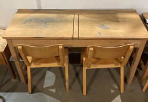 Twin wooden lift-top school desk (121 x 46 x 71cm high) and two wooden school chairs (68cm to top