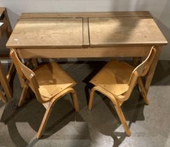 Twin wooden lift-top school desk (105 x 46 x 60cm high) with 2 x wooden school chairs (58cm to top