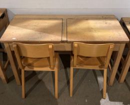 Twin wooden lift-top school desk (106 x 46 x 65cm high) with two wooden school chairs (65cm to top