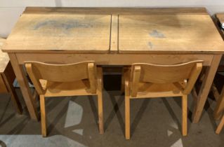 Twin wooden lift-top school desk (121 x 46 x 71cm high) and two wooden school chairs (68cm to top