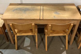 Twin wooden lift-top school desk (121 x 46 x 71cm high) and two wooden school chairs (68cm to top