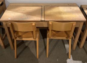 Twin wooden lift-top school desk (106 x 46 x 65cm high) with two wooden school chairs (65cm to top