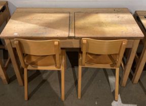 Twin wooden lift-top school desk (106 x 46 x 65cm high) with two wooden school chairs (65cm to top