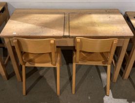 Twin wooden lift-top school desk (106 x 46 x 65cm high) with two wooden school chairs (65cm to top