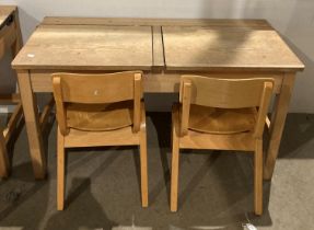 Twin wooden lift-top school desk (105 x 46 x 60cm high) with 2 x wooden school chairs (58cm to top