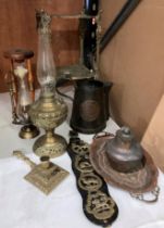 Nine items including brass two-tier stand, the New Rochester Jr paraffin two brass candle holders,