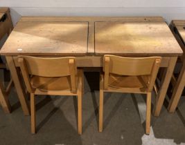 Twin wooden lift-top school desk (106 x 46 x 65cm high) with two wooden school chairs (65cm to top