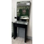 Three black wood styling stations with wall mirrors, 90cm x 60cm,