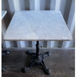 White marble-topped centre metal column square dining table,