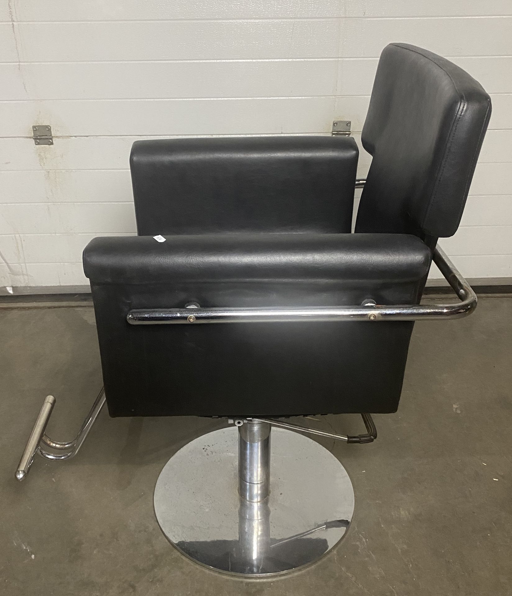 Barbers armchair in black rexine with rounded arms chrome side trail and front-operated pump action, - Image 2 of 3