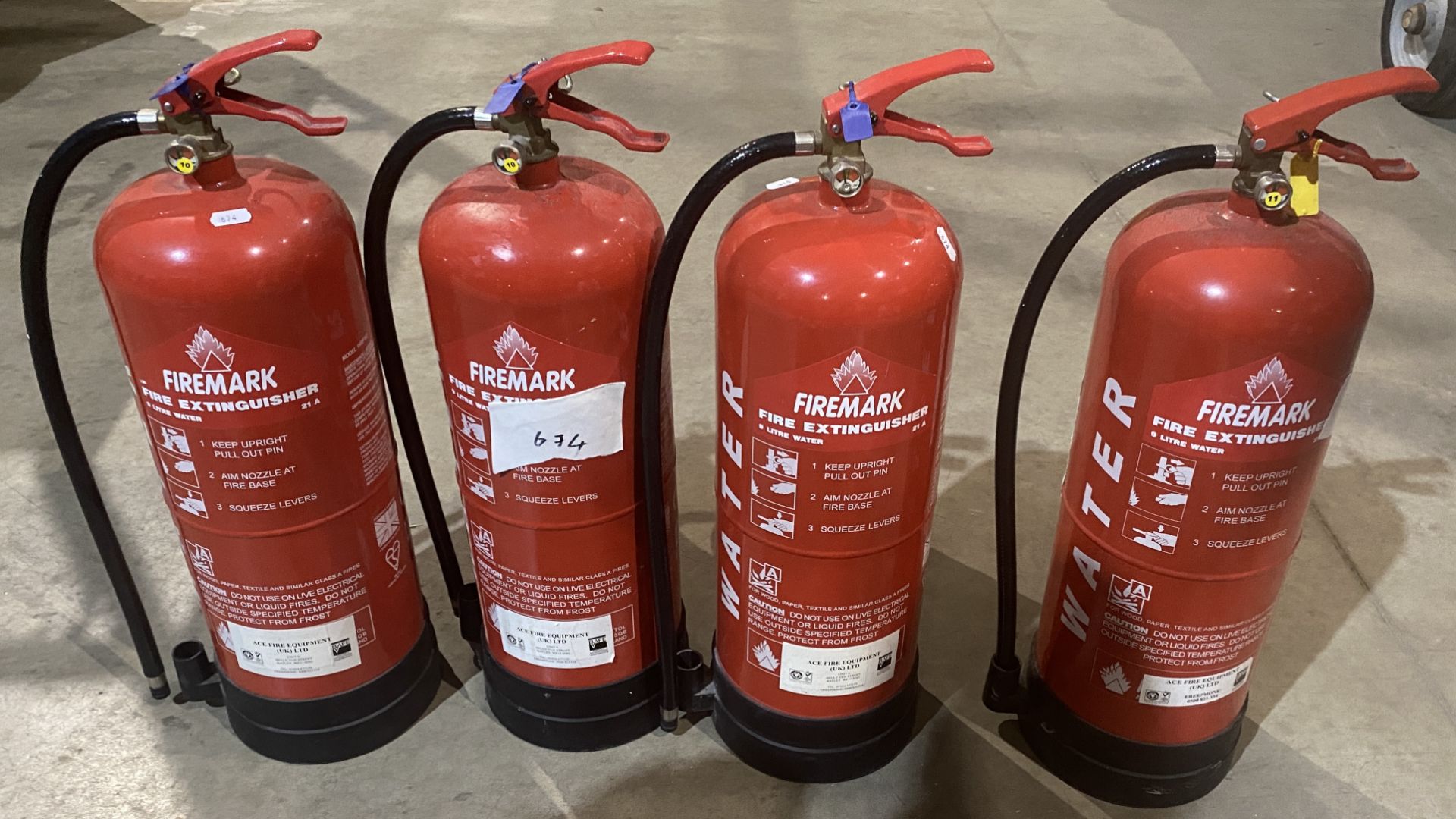 4 x 9L Firemark water-type fire extinguishers (saleroom location: MA2)