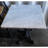 White marble-topped centre metal column square dining table,