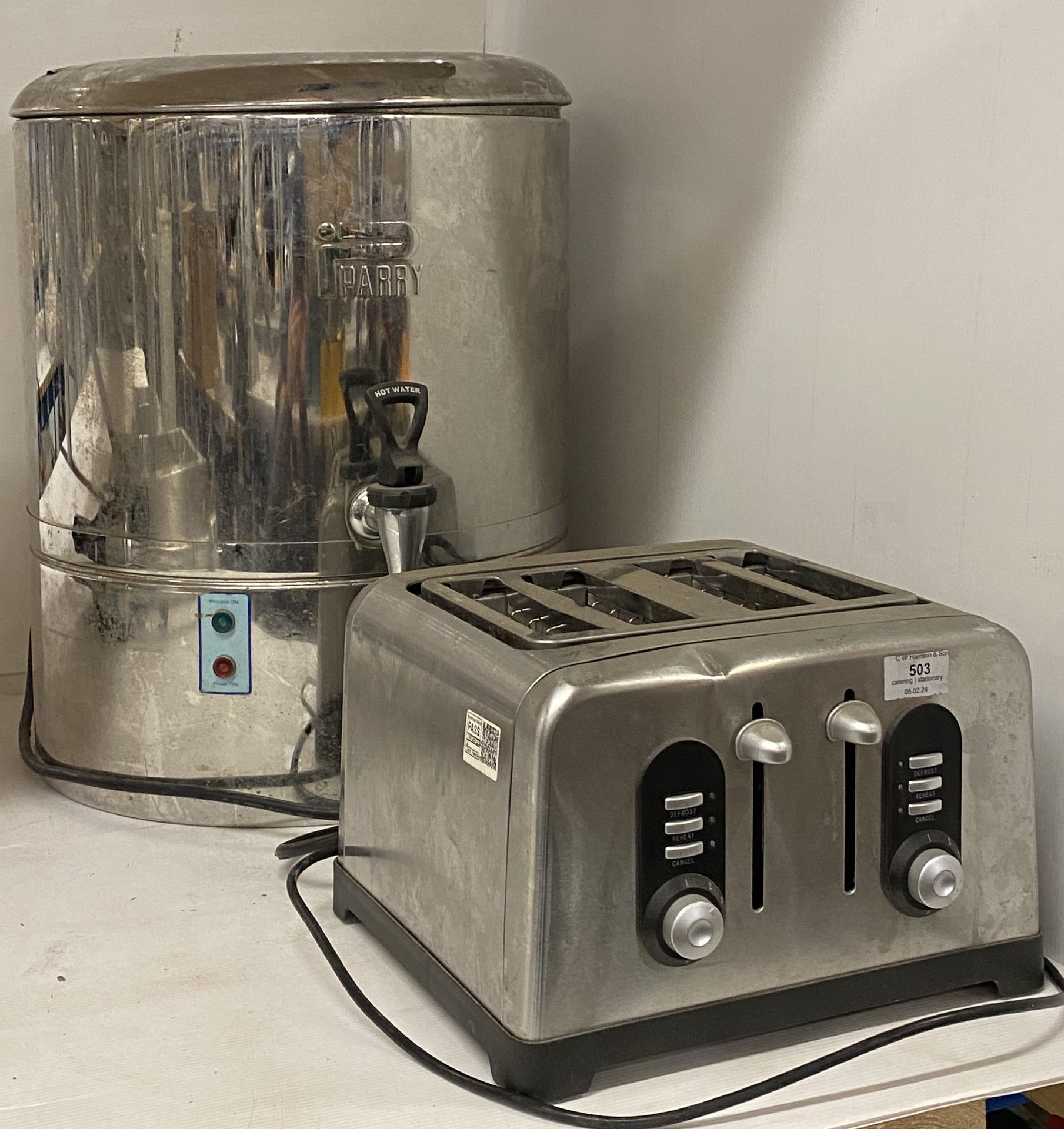 Parry stainless steel electric hot water boiler and 4 section stainless steel toaster (saleroom